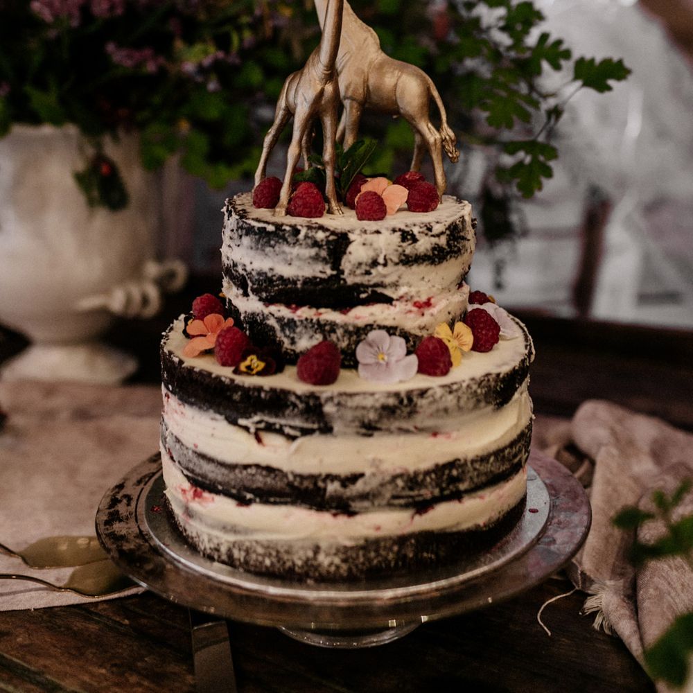 Semi naked chocolate wedding cake with giraffe cake topper