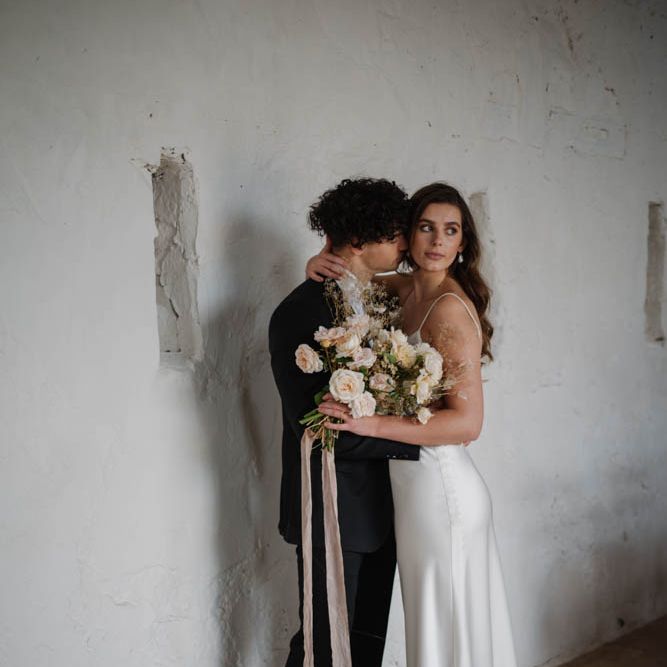 Bride in Satin Halfpenny Wedding Dress for minimalist wedding