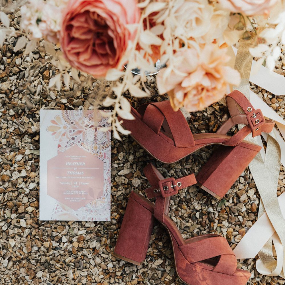 Pink and white rose bridal bouquet with burnt rose chunky topshop heels and wedding invitation