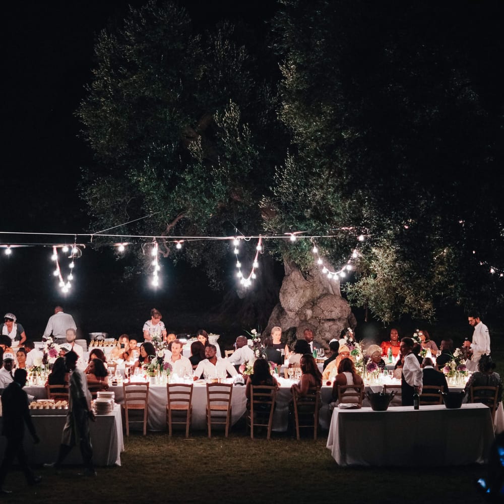 Alfresco country style wedding with outdoor string lighting