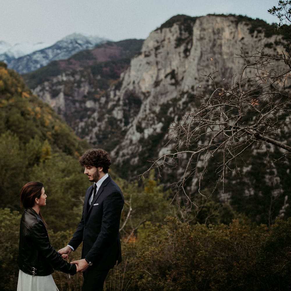 The bride and groom holding hands in front of an amazing forest landscape