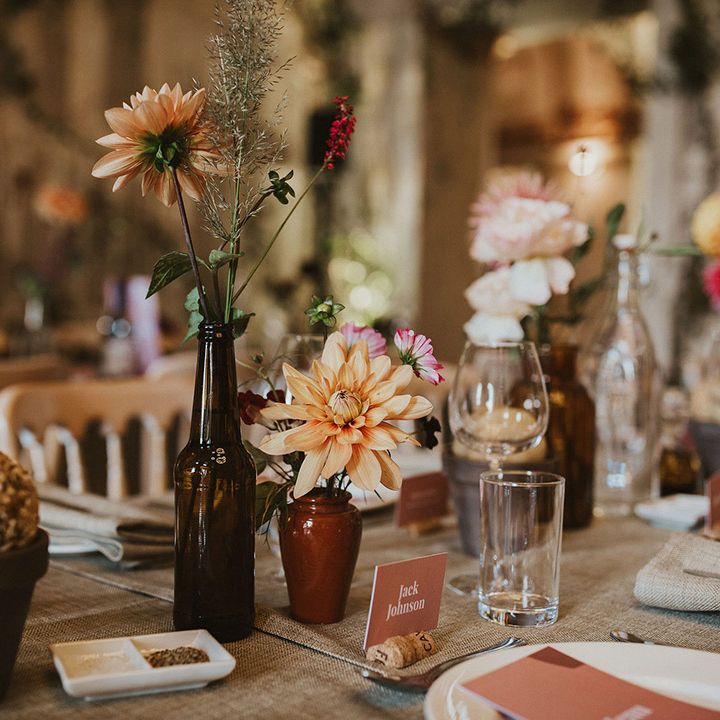 Rustic table setting complete with florals on wedding day