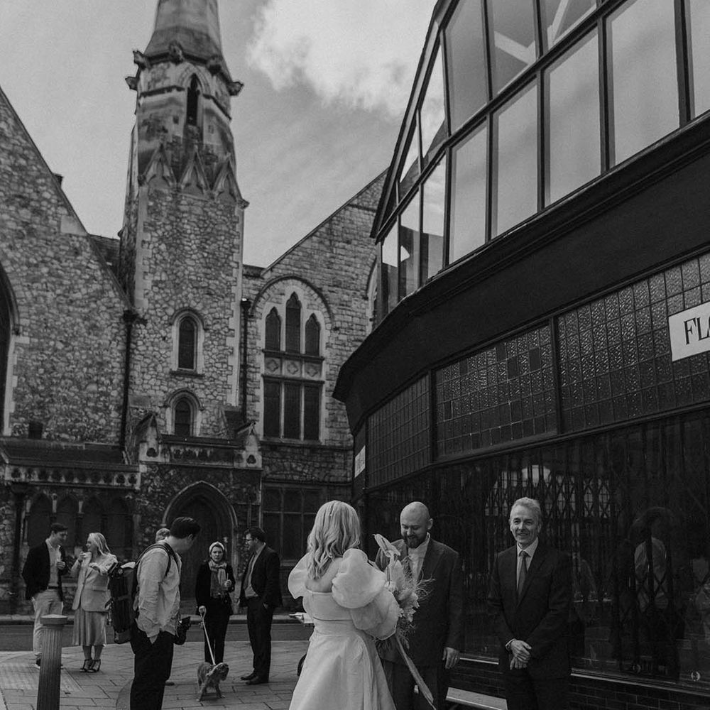 Black and white portrait of bride and groom at Modern, Stylish, London wedding 