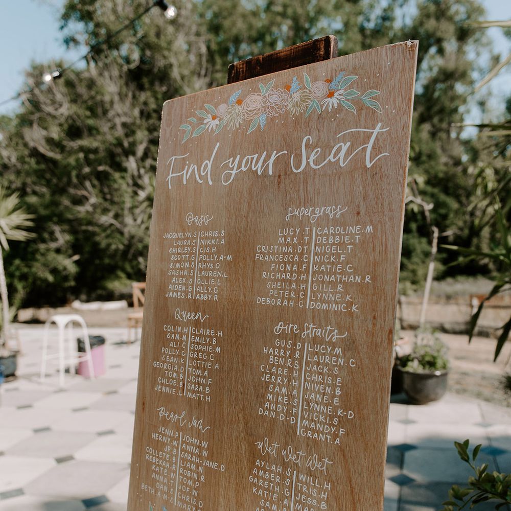 Wooden wedding seating chart with colourful flower motif design for marquee reception 