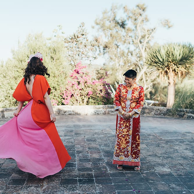 Brides walk together in Menorca