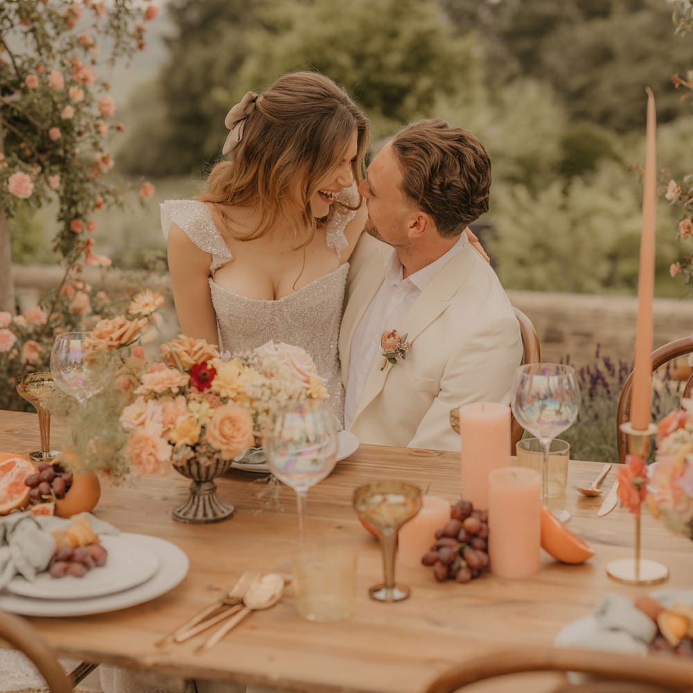 Bride in a sparkly Made With Love wedding dress sitting on her grooms lap in a beige suit at their outdoor wedding reception decorated with pastel orange flowers 