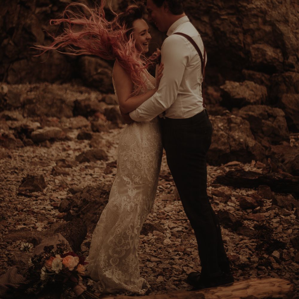 Bride with pink hair and lace wedding dress at Lake District Elopement