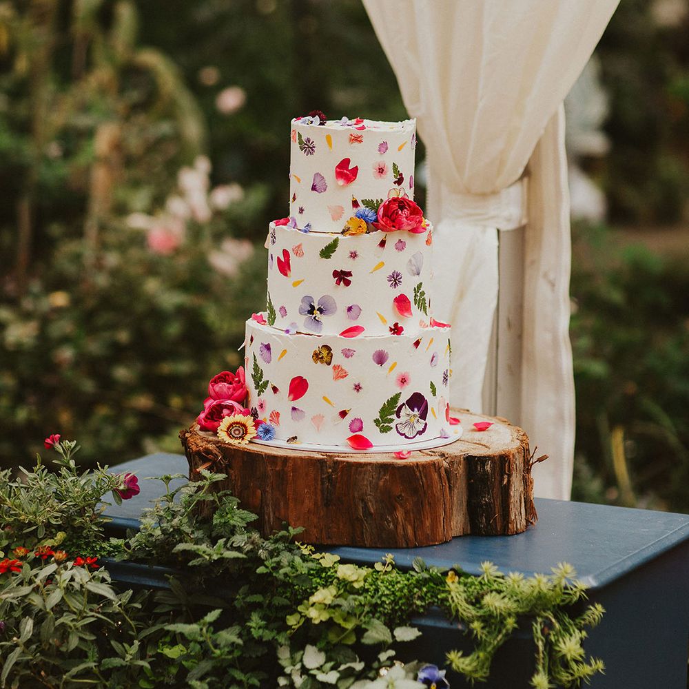 edible flower pressed wedding cake on a wooden tree slice cake stand for back garden clear marquee wedding 
