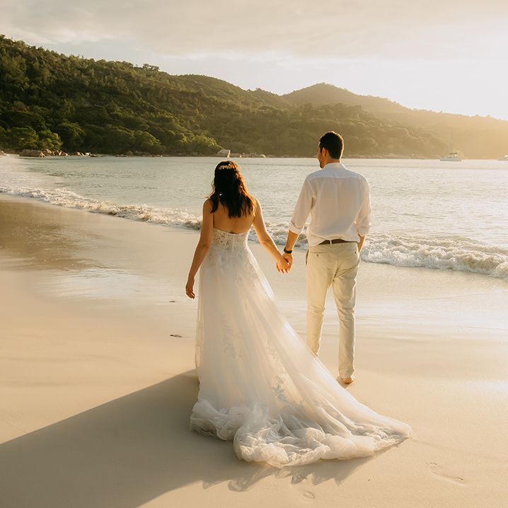 Groom in crisp white shirt, light coloured chinos holding hands with bride in off the shoulder lace wedding dress with lace floral details 