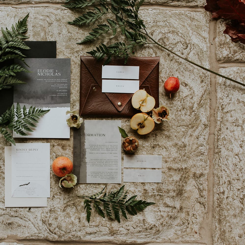 Wedding stationery suite with leather pouch 