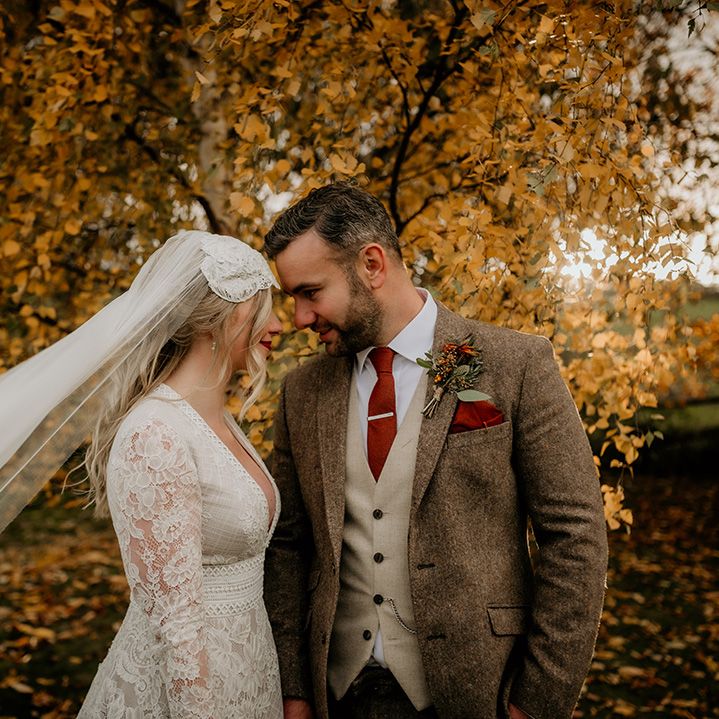 Bride and groom portrait at their Lyde court autumn wedding 