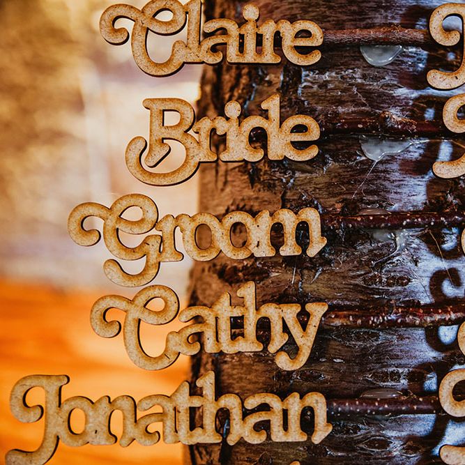 Tree trunk table plan finished with wooden names running up the side 
