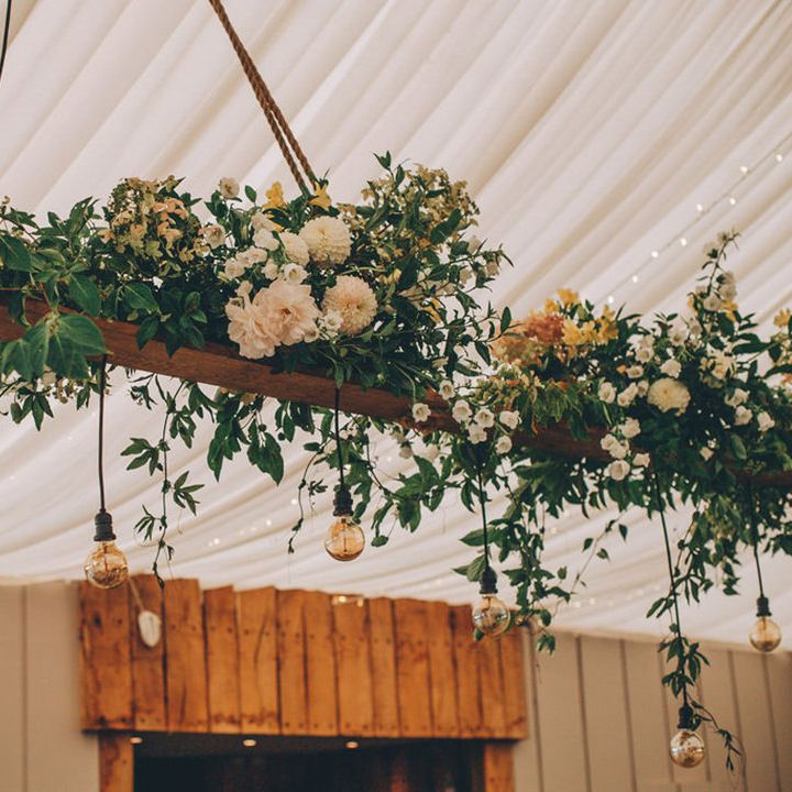 Hanging flower installation at Trevenna Barns venue in Cornwall