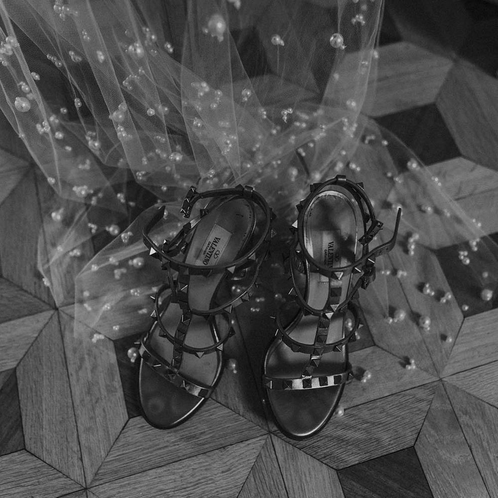Valentino Rockstud wedding shoes and bespoke pearl veil bridal accessories 