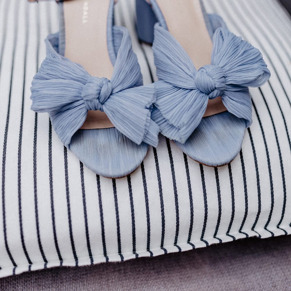 Blue Loeffler Randall wedding shoes with bow and ankle strap 