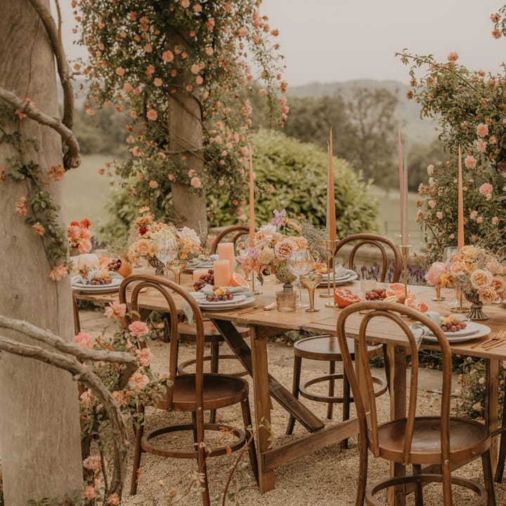 Pastel orange, pink, coral and peach wedding flowers and table decor with gold accents for summer wedding at Euridge Manor 