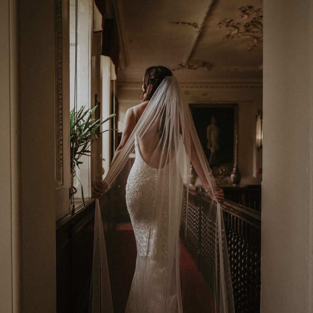 Low back lace detail wedding dress with veil 