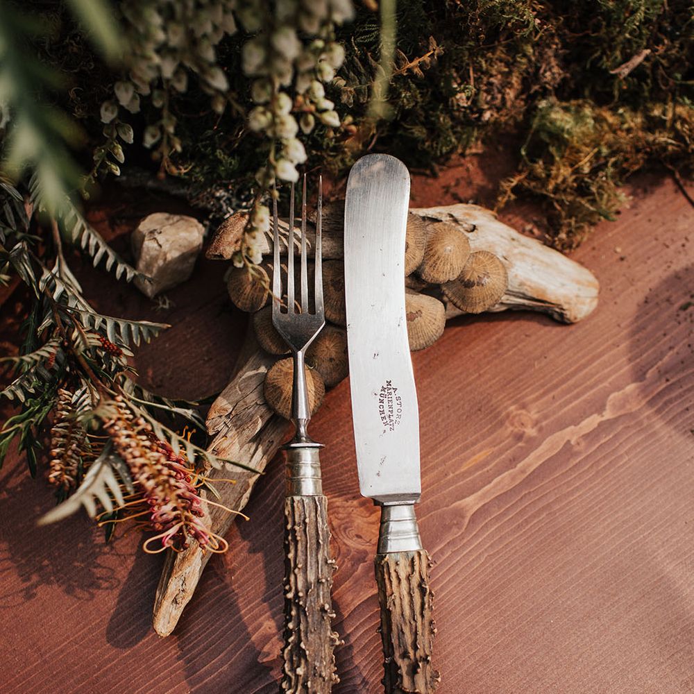 knife and folk with bark handles at boho wedding inspiration 
