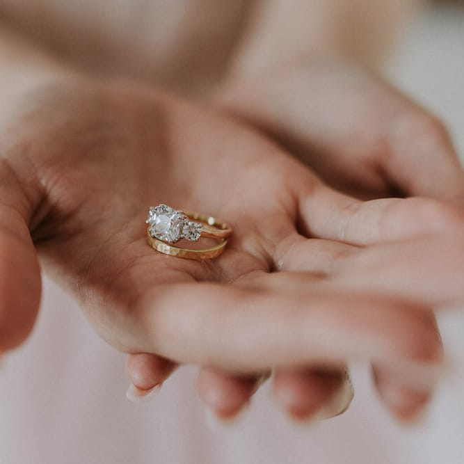 gold wedding band and diamond engagement ring wedding jewellery 