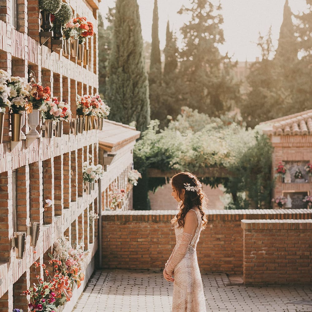 bride in a gold pattern wedding dress at Spanish destination wedding 