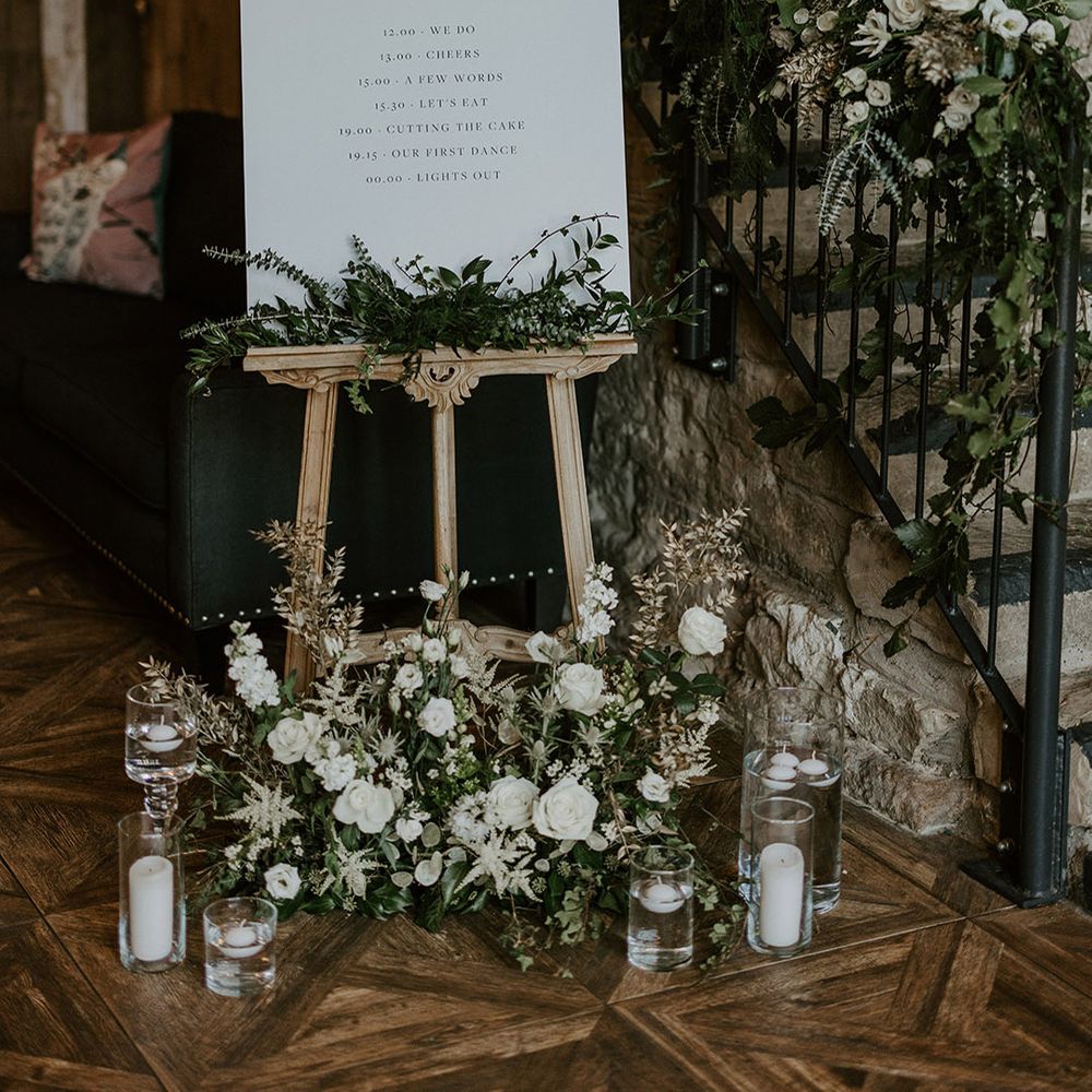 Minimalist wedding order of the day and welcome sign with white flower arrangements at Wharfedale Grange wedding venue 