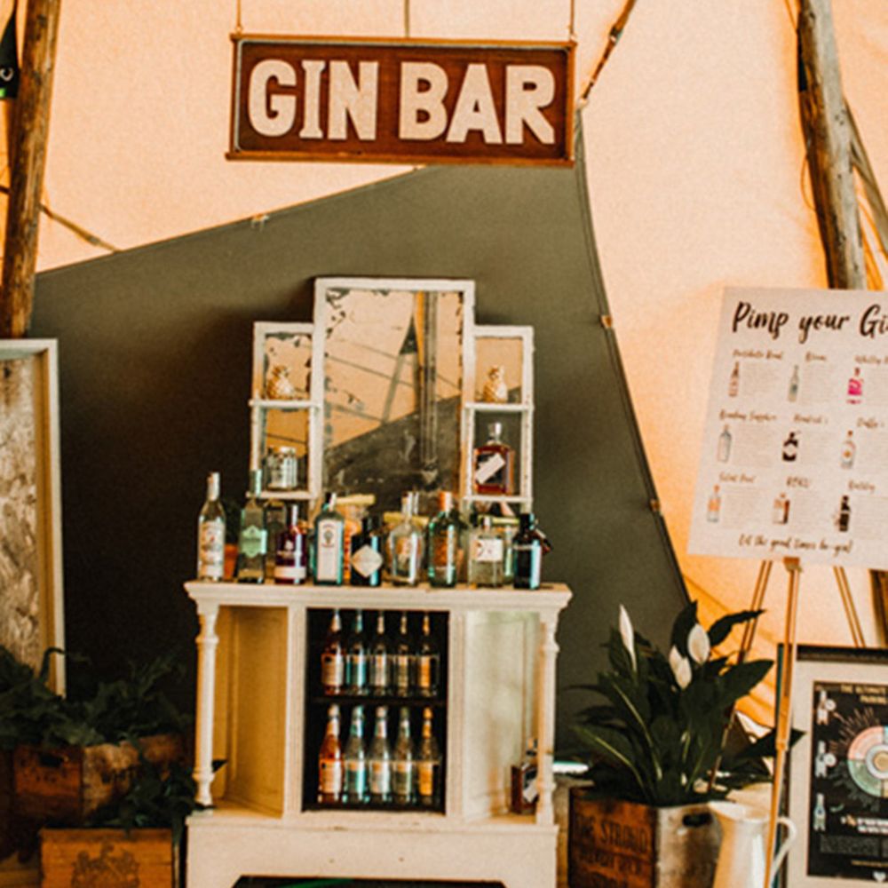 Themed wedding bar serving different brands of gin with different mixers and garnishes 