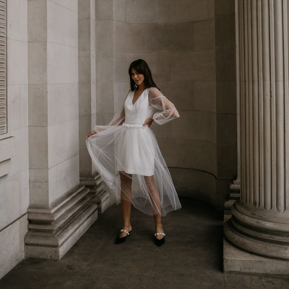 Micro wedding dress with sheer layered skirt by Story Of My Dress