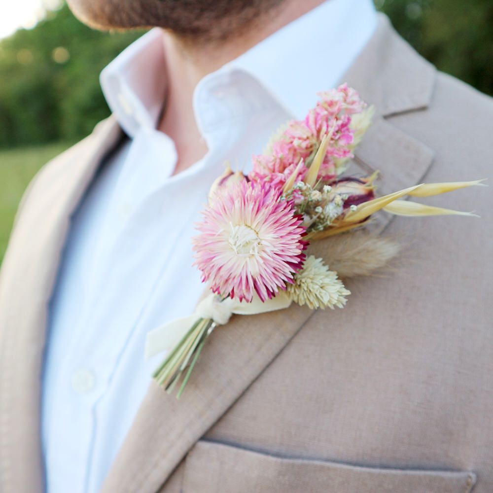 Mary Elizabeth Flowers Flamingo Dried Flower Buttonhole