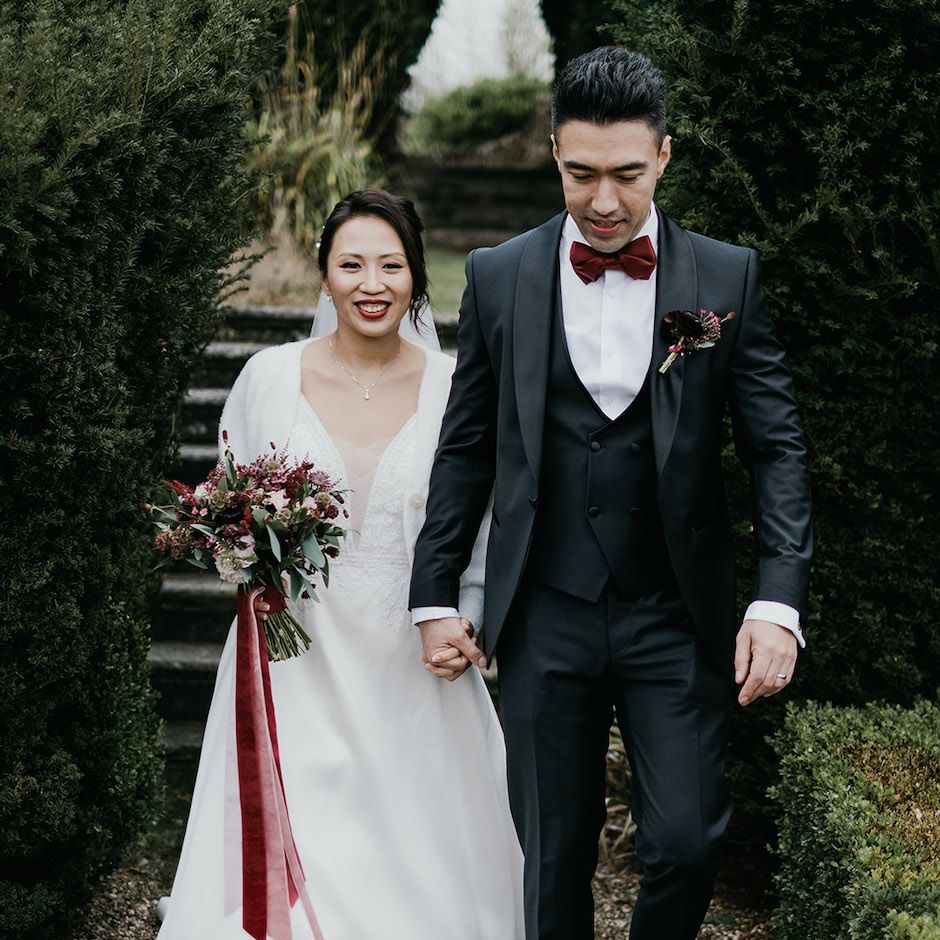 Bride and groom at black tie winter wedding