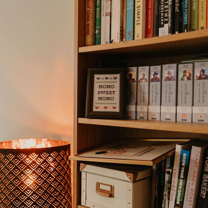 Home Sweet Homo framed sign on book shelf 