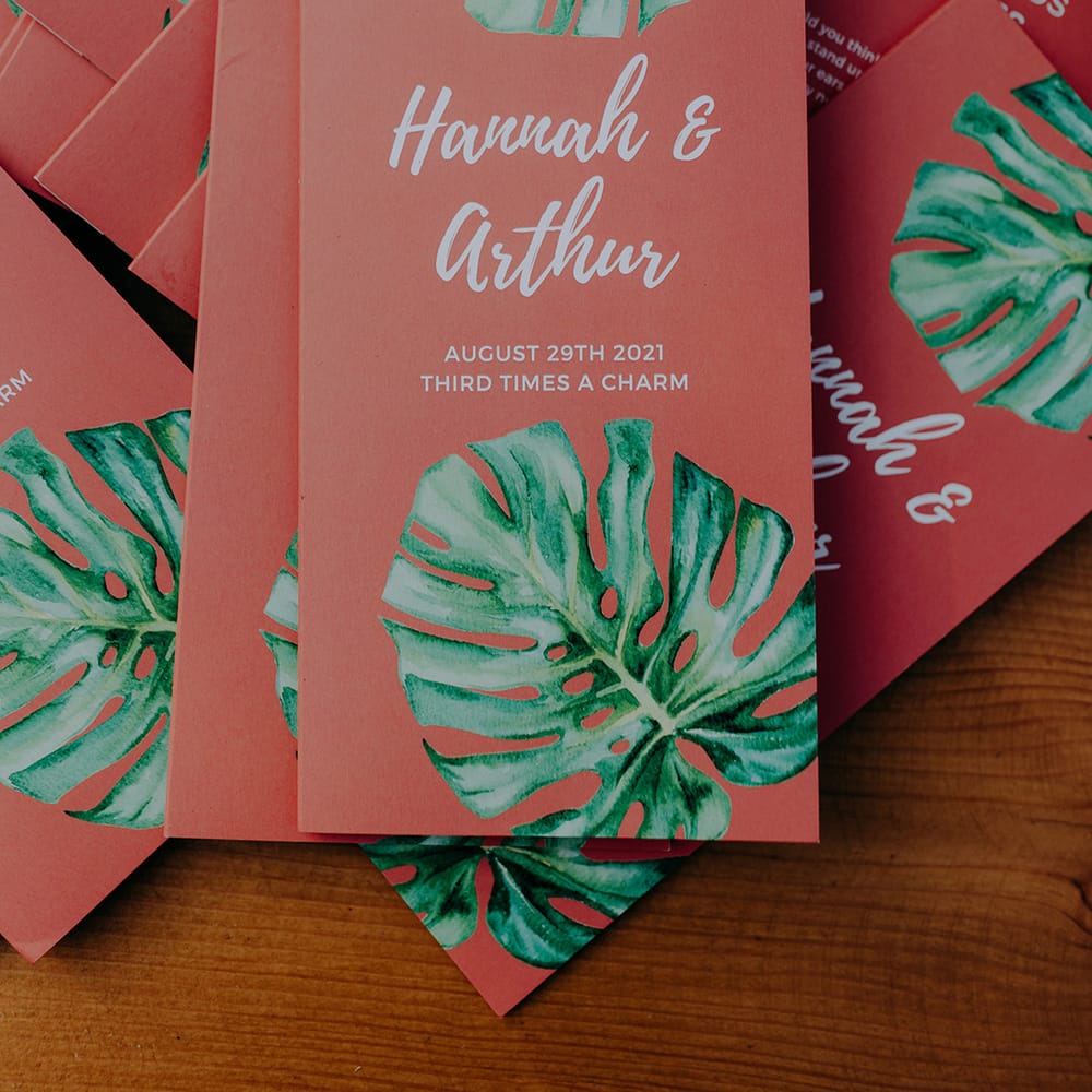 Tropical themed order of service leaflets