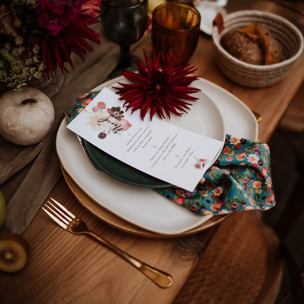 Hand painted silk napkin, white wedding dinner menu with water painting, seasonal fruit decor and dark red dahlia cactus decor