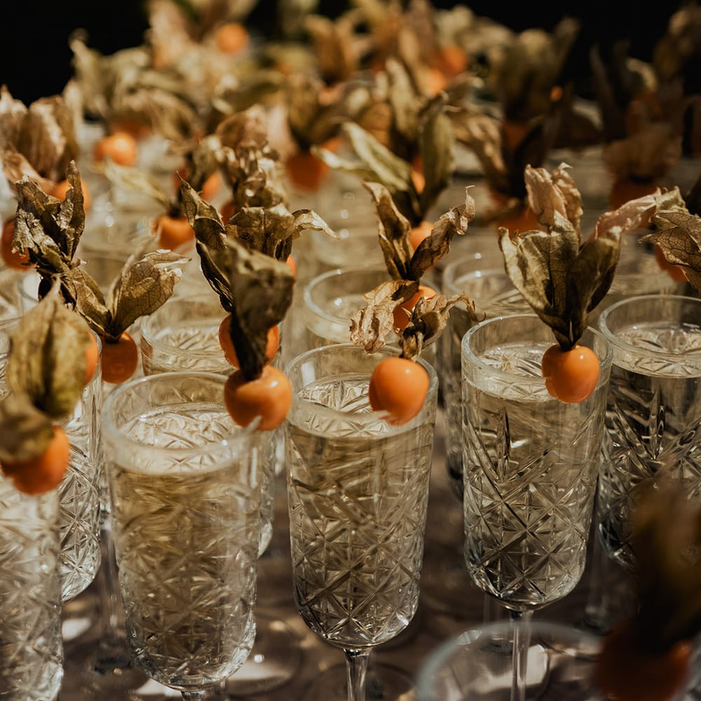Crystal glassware with wedding drinks for the guests 