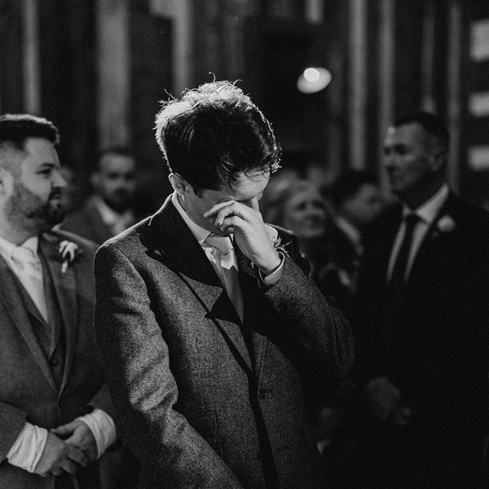 Groom starts to cry as he sees the bride walking down the aisle 