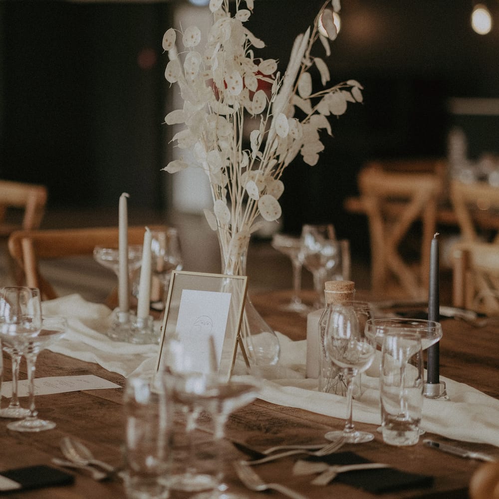 Neutral wedding table decor at Pylewell Park wedding