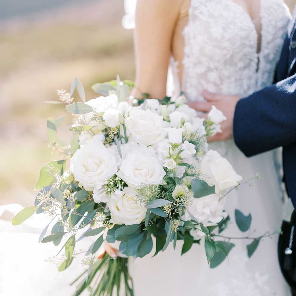 White rose and eucalyptus wedding bouquet 