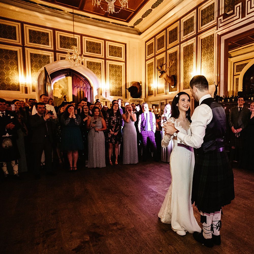 Bride & groom during first dance at Drumtochy Castle 