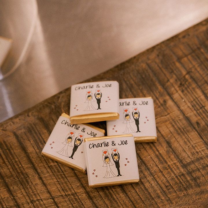 Personalised labels for the chocolate wedding favours for guests at the rustic luxe barn wedding 