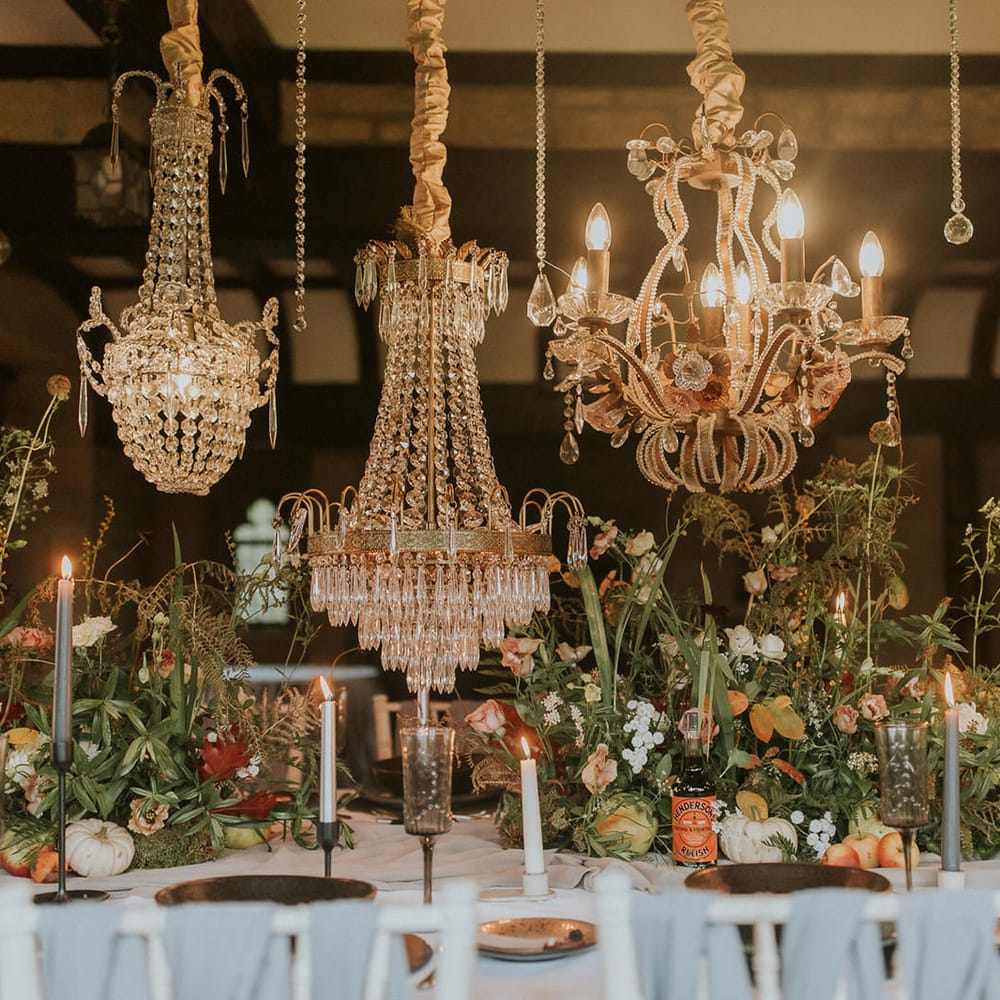Hanging chandelier wedding table decor 
