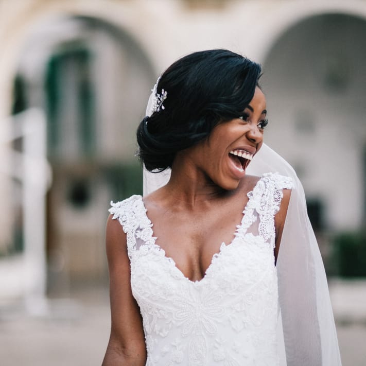 Beautiful happy bride smiling at Italian wedding