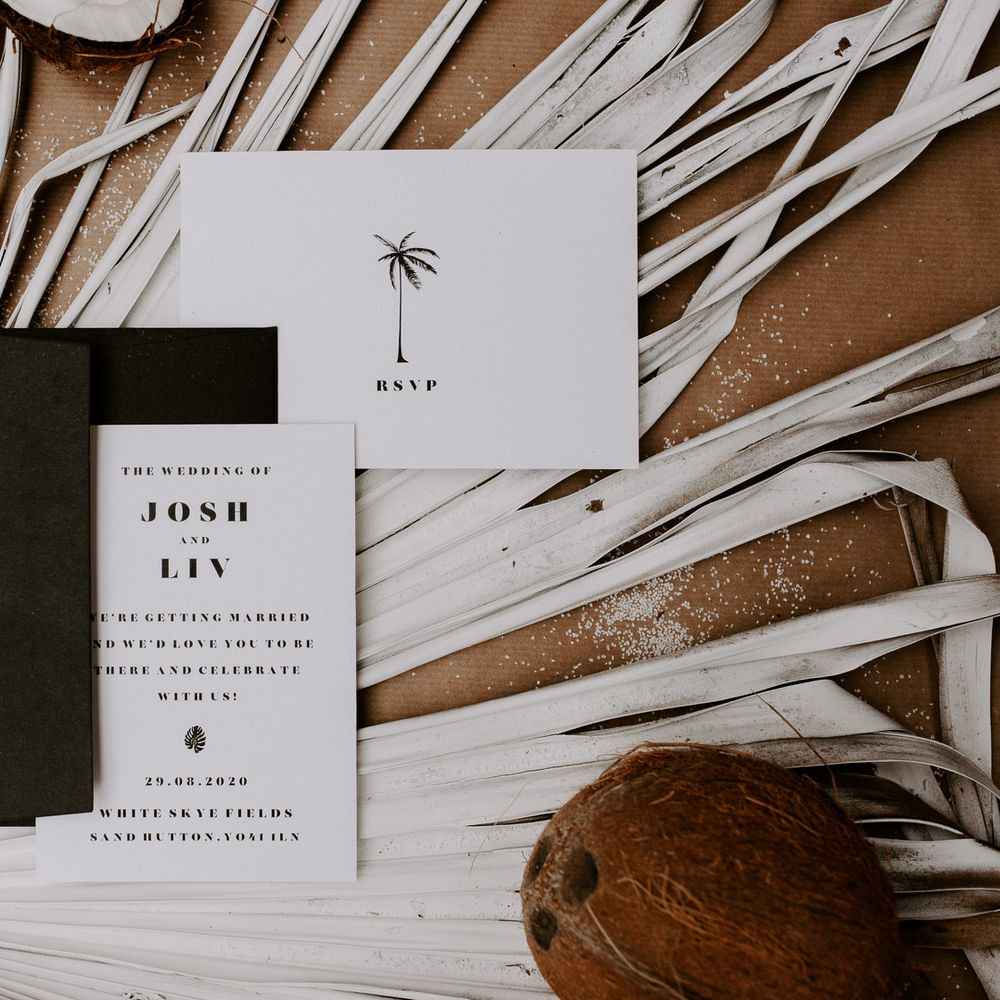 Black and white tropical theme wedding stationery by Sundown Paper