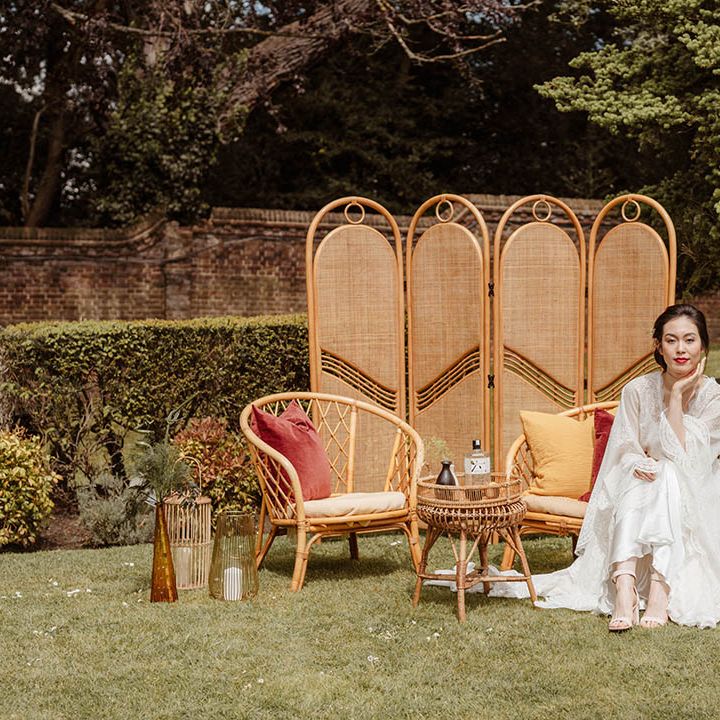 Japanese wedding inspiration with bamboo furniture and East Asian bride in a lace Kimono style dress 