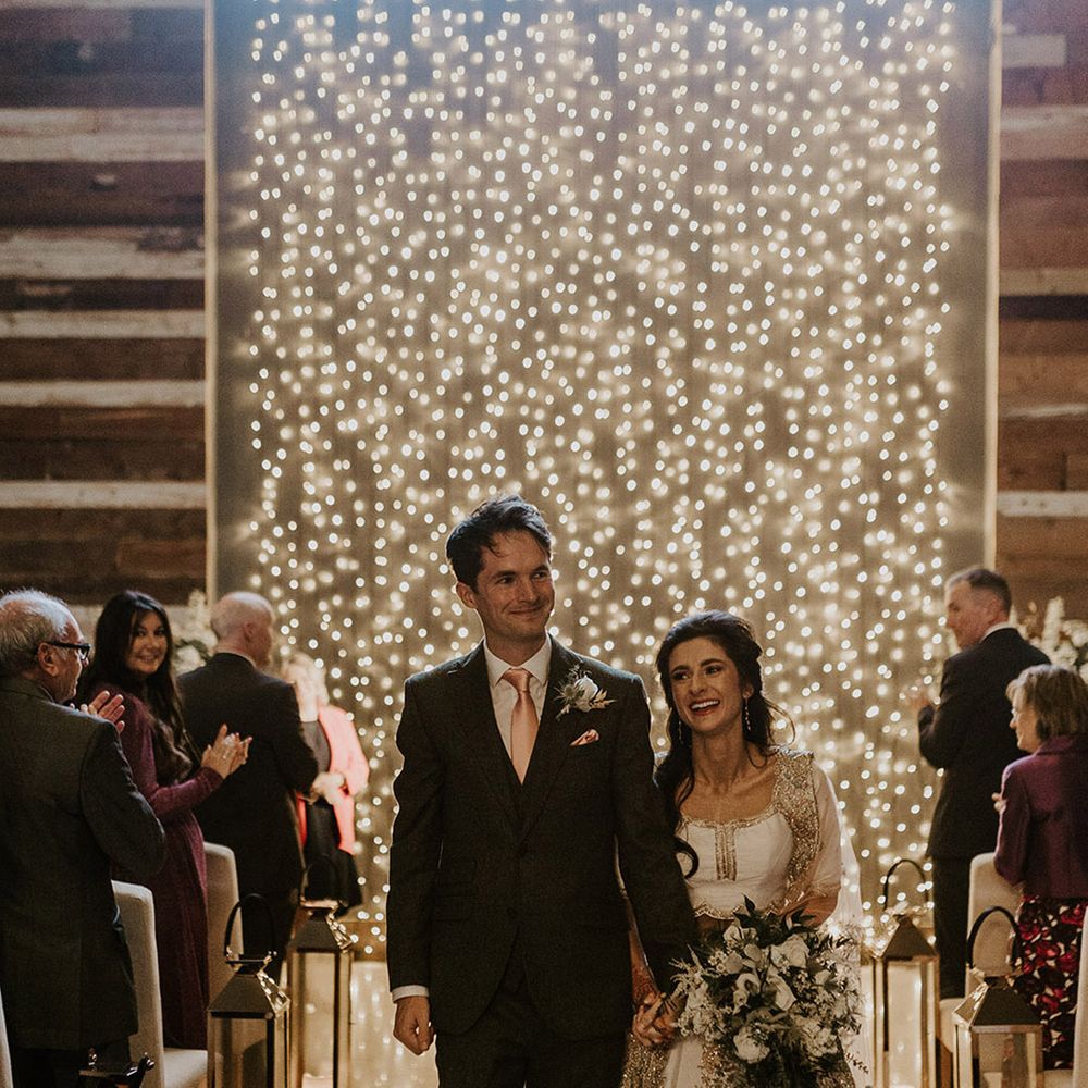Twinkling fairy lights decorating Wharfedale Grange wedding venue in Yorkshire 