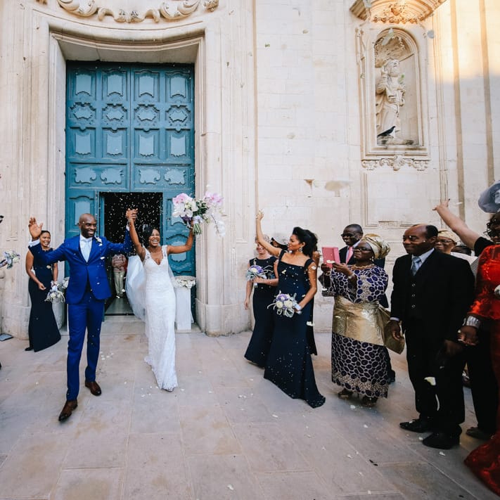 Bride and groom confetti moment at Italian wedding