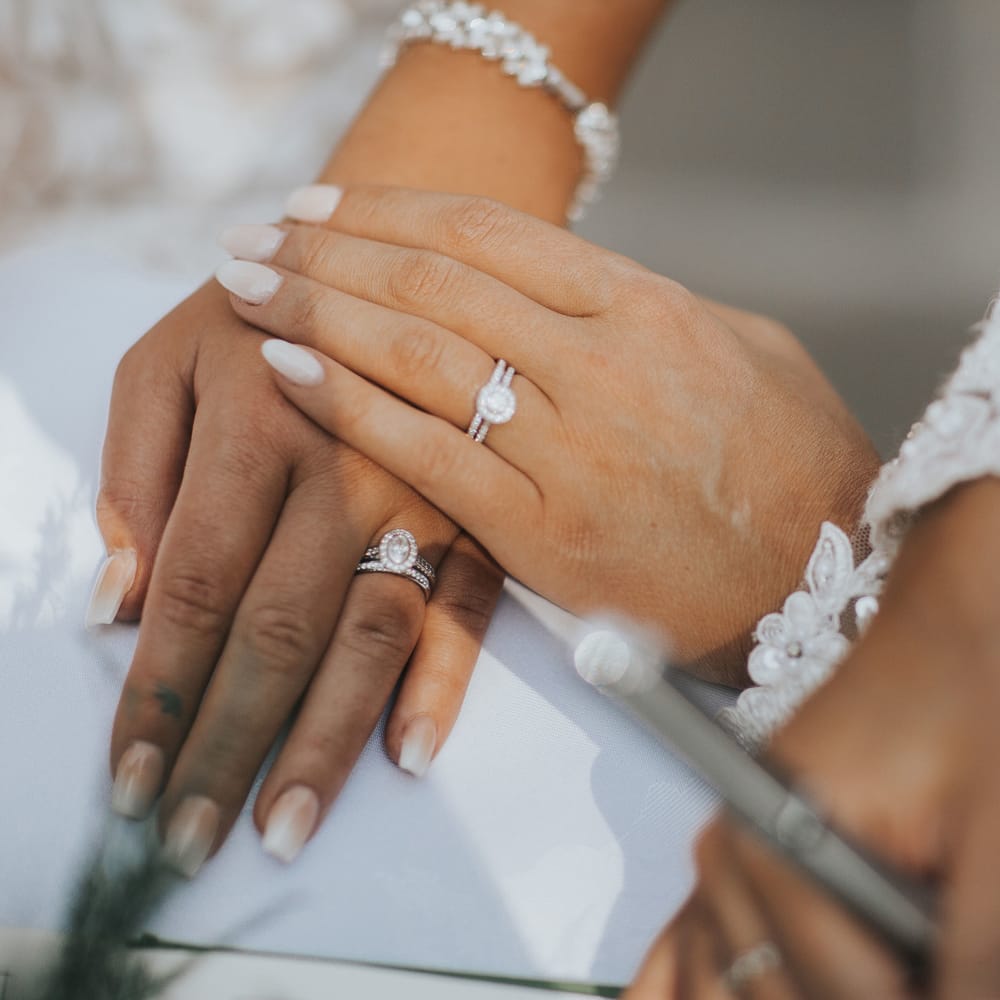 A close up shot of two brides' wedding rings. 