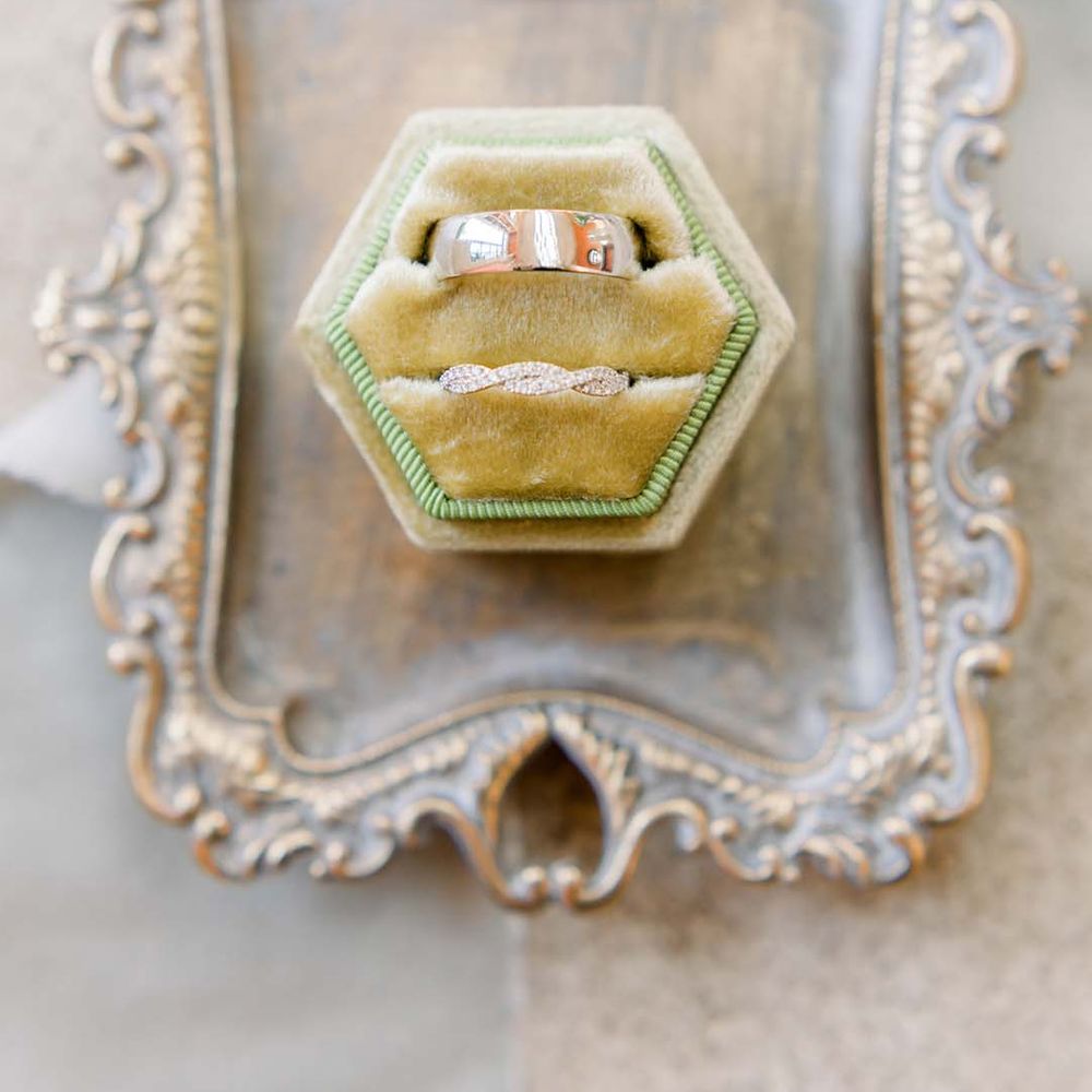 Bride & grooms wedding rings in yellow box 