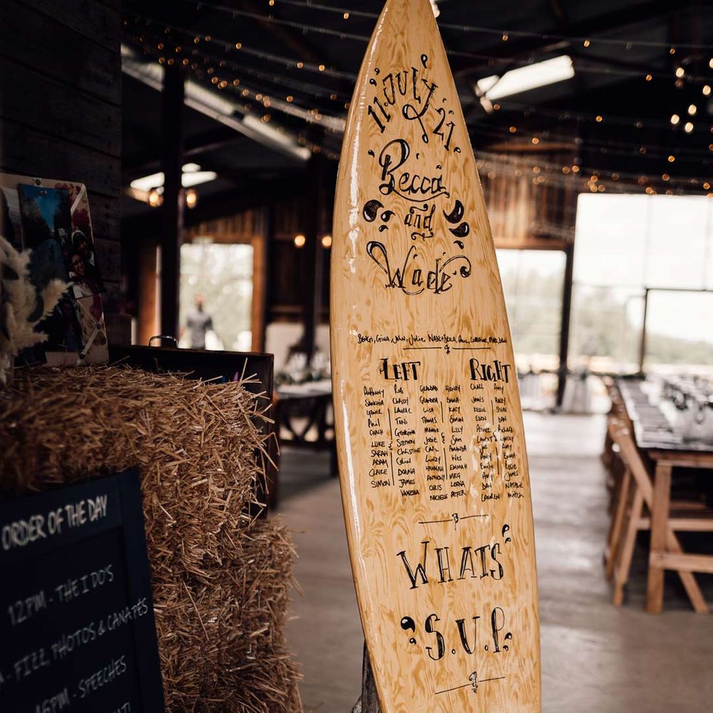 DIY surfboard wedding sign with paint pens