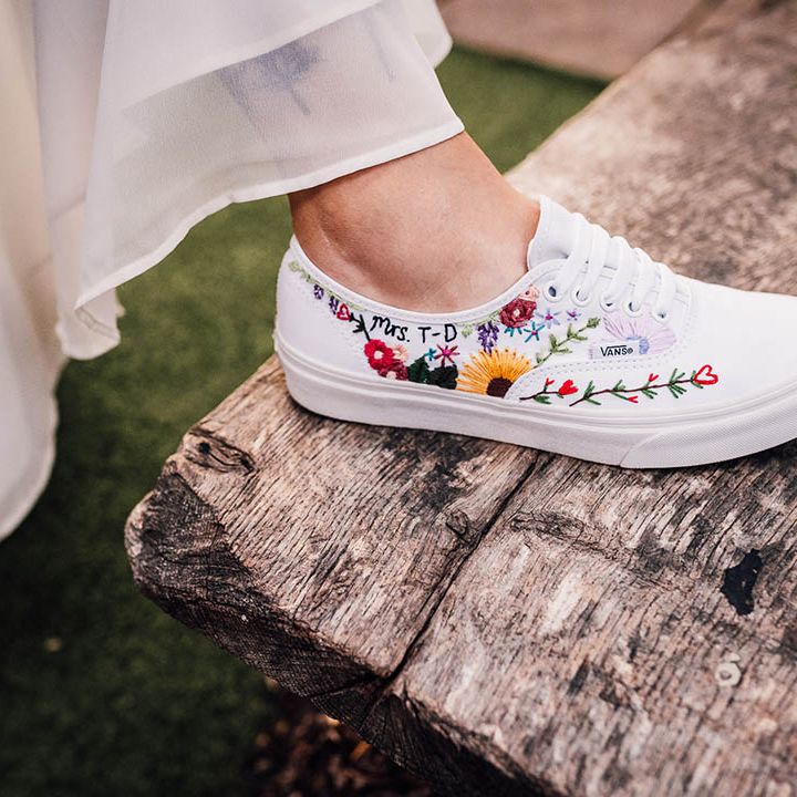 Embroidered white wedding trainers for bride with personal details 