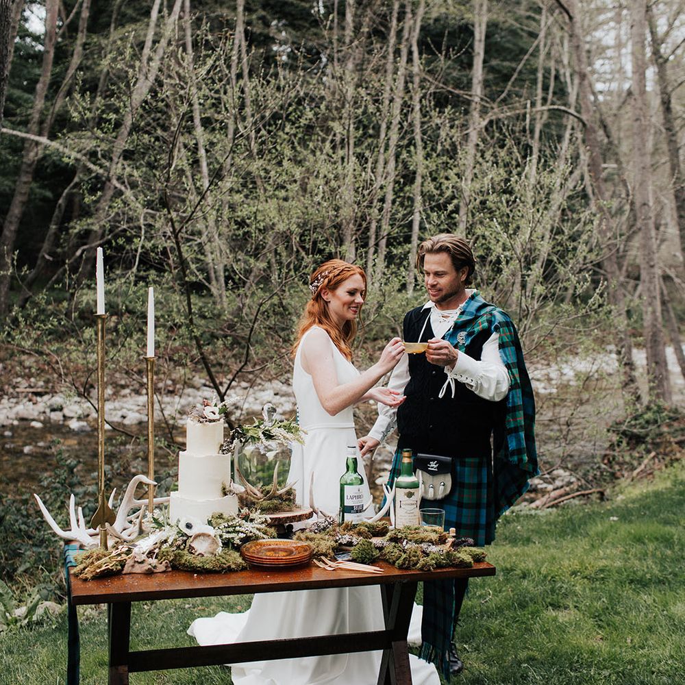 Highland blue and green wedding inspiration with boho wedding cake table 