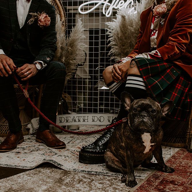 Groom in kilt sits with his groom and dog on their wedding day